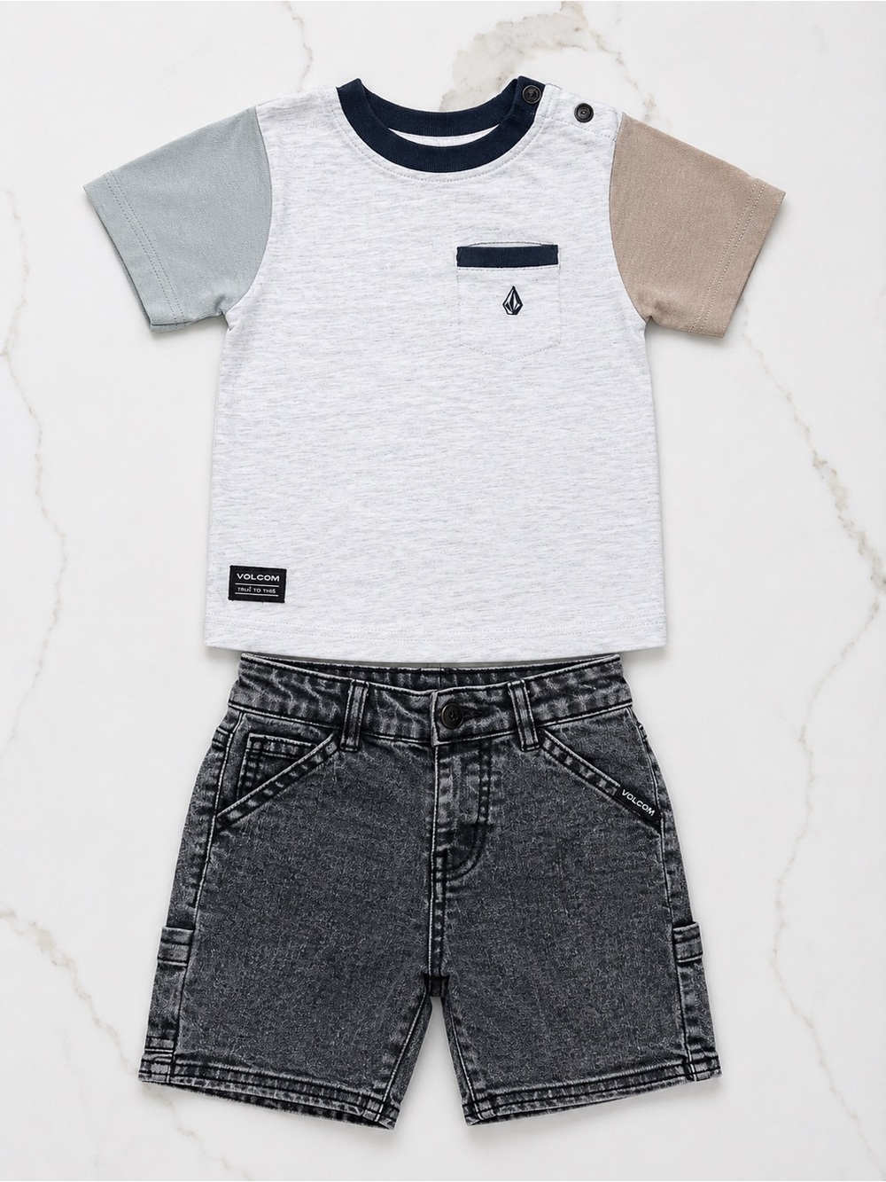 Volcom Heather White Tee with Navy Trim and Mint & Tan Sleeves